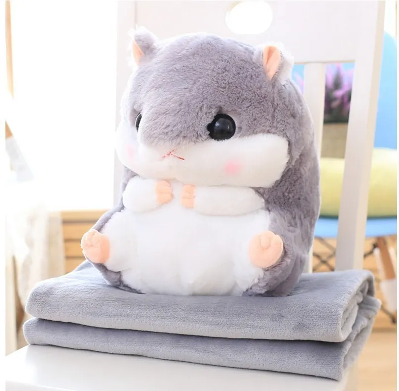 Plush Dolls Hamster Plush Doll With Pillow Carpet Dual-use Soft Stuffed Kid Cushion Blanket Air Conditioning Cushion Coral Fleece Blanket 230302