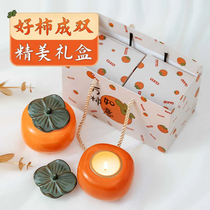 2PCS Persimmon Shaped Ceramic Cup Scented Gift Box Smokeless Soy Bedroom Incense Candle for Weddings and Birthdays