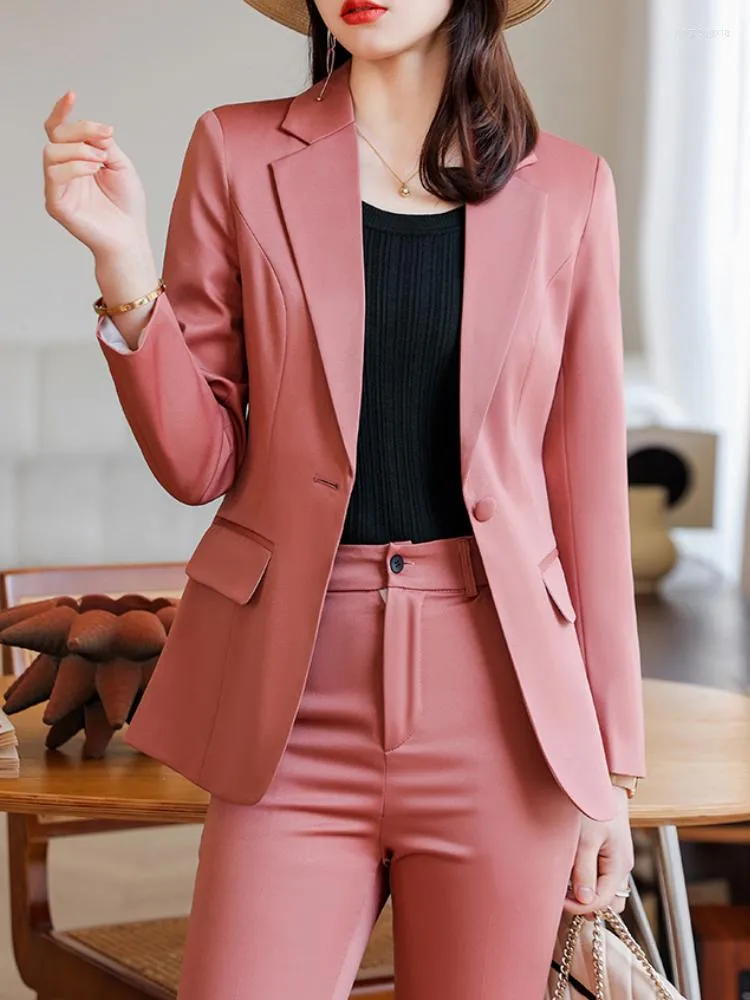 Pantaloni a due pezzi da donna Moda Donna Elegante Business Pink Pansuit Blazer casual vintage Cappotto e 2 pezzi Abbigliamento da ufficio Slim Abiti femminili