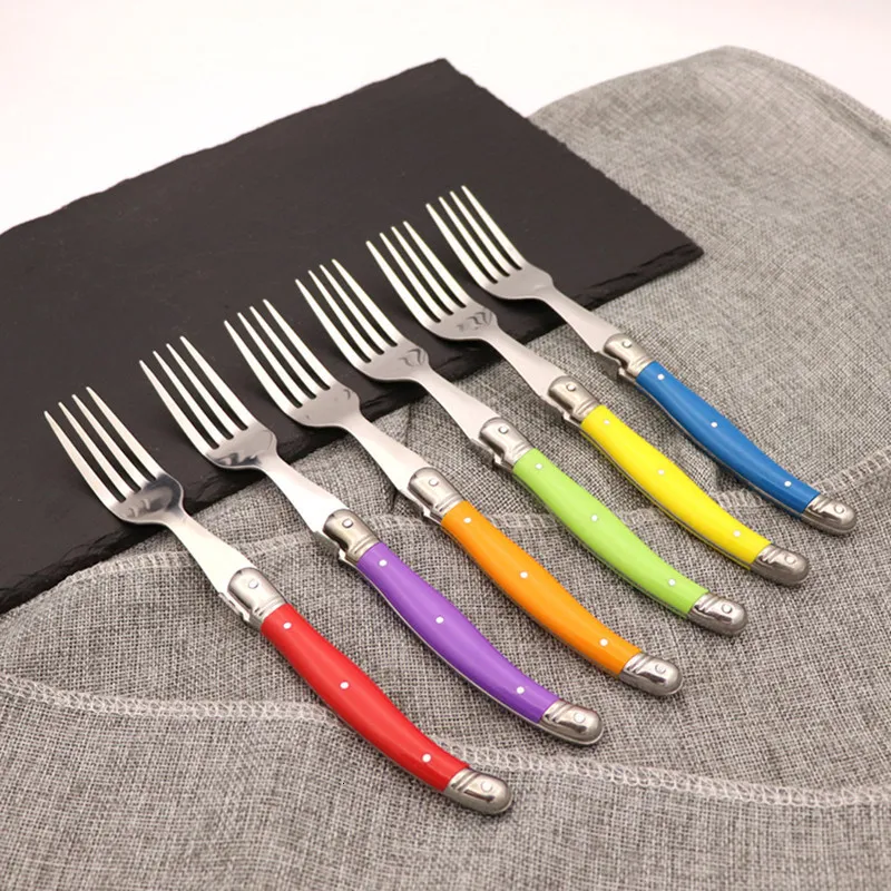 Forks 6pcs Laguiole Rainbow Steak Knives Conjunto de talheres coloridos colheres de mesa de aço inoxidável kit doméstico doméstico 230302