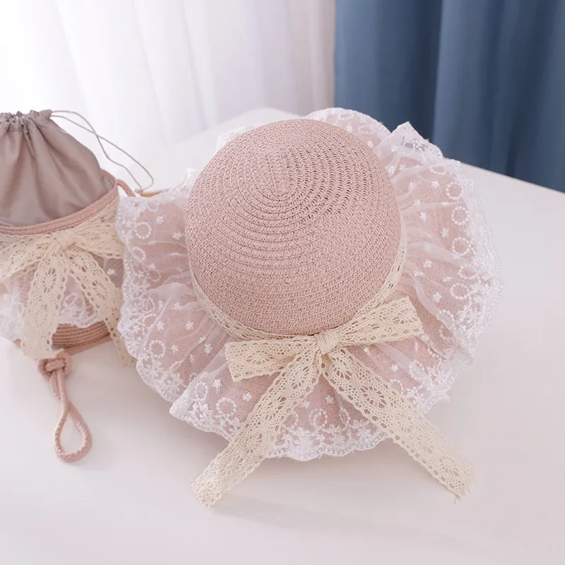 M573 Children's Straw Hats Summer Sunscreen Kids Baby Girls Beach Bucket Caps Princess Beach Lace Bowknot Decorated Hats