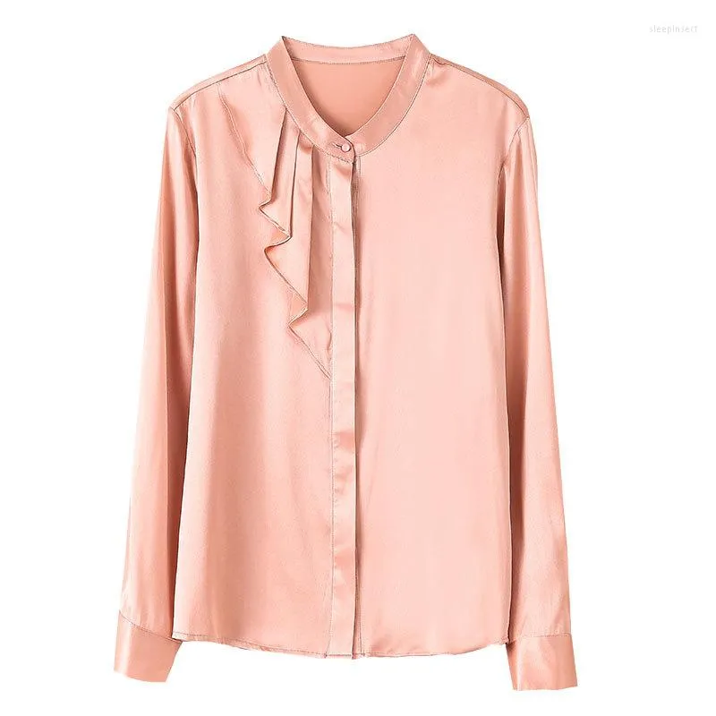 Women's Blouses 2023 Early Autumn Elegant Pink Pure Silk Blouse Women Runway 0-Neck Ruffle Long Sleeve Pullover Fashion High End Soft Chic