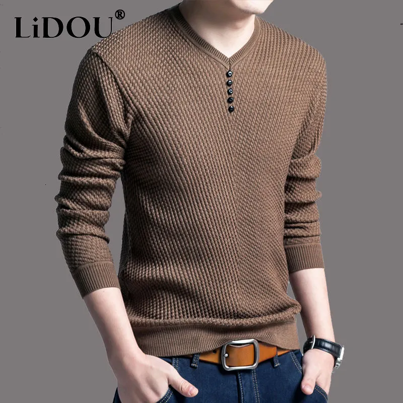 Pulls pour hommes automne hiver couleur unie bouton de mode chandails décontractés homme à manches longues Style coréen pull mâle tricot Vintage Streetwear 230302