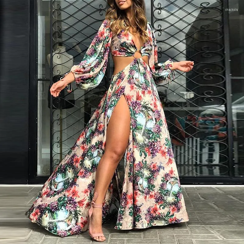 Vestidos casuales estampados florales cortes de muslo hendidura maxi vestir mujeres vocación de vacaciones boho playa Vestidos casuales estampados florales cortes de muslo hendidura maxi vestir mujeres vocación de vacaciones boho playa