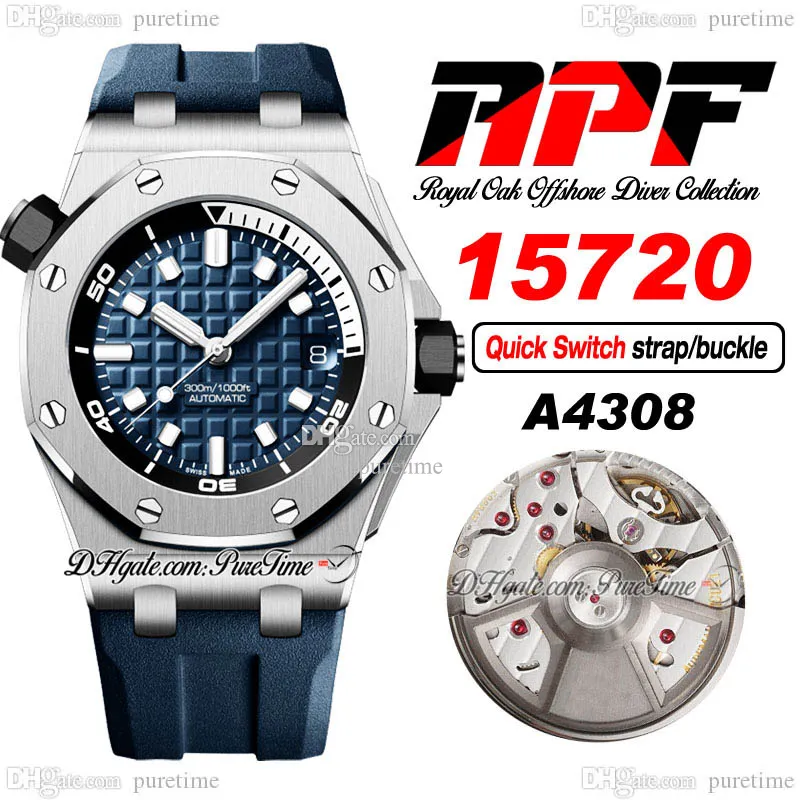 APF 1572 A4308 Orologio automatico da uomo 4 mm Lunetta in acciaio spazzolato Blu Bianco Quadrante con cinturino in caucciù con terminali funzionali a rimozione rapida Super Edition Puretime B2