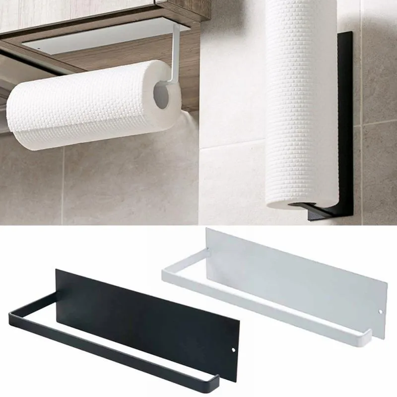 Kitchen Storage 1Pc Self-adhesive Roll Paper Rack Towel Holder HolderTissue Hanger Nail-Free Cabinet Shelf Accessories