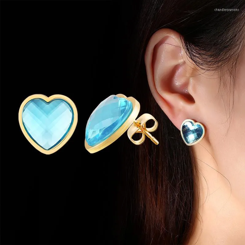 Stud Earrings Classic Gold Color Stainless Steel Heart-Shaped For Women Sky Blue Cubic Zircon Jewelry