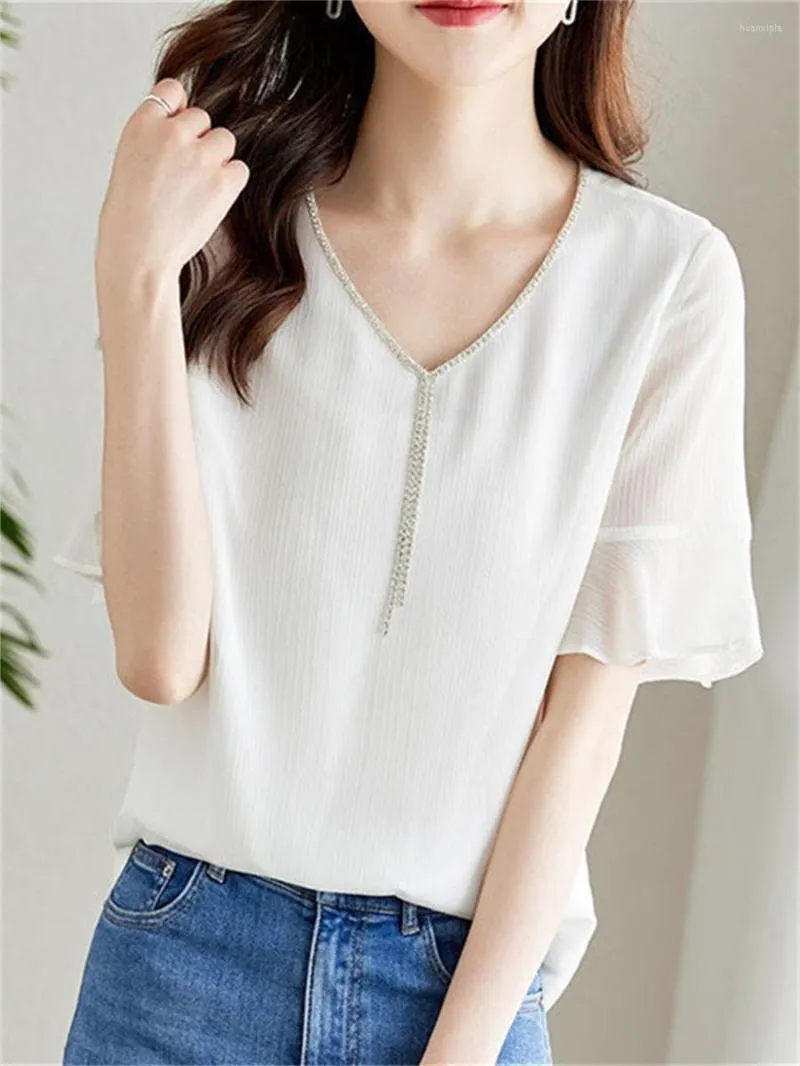 Women's Blouses Woman Summer Style Chiffon Tops Lady Casual Short Flare Sleeve V-Neck White Purple Blusas ZZ1412