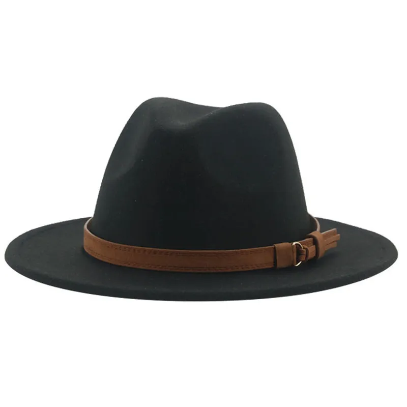 Cloches Fedora Hats для женщин, мужчины, широкие сплошные женские шляпы Belt Belt Classic Formal Dress Хаки черные зимние шляпы Sombreros de Mujer 230302