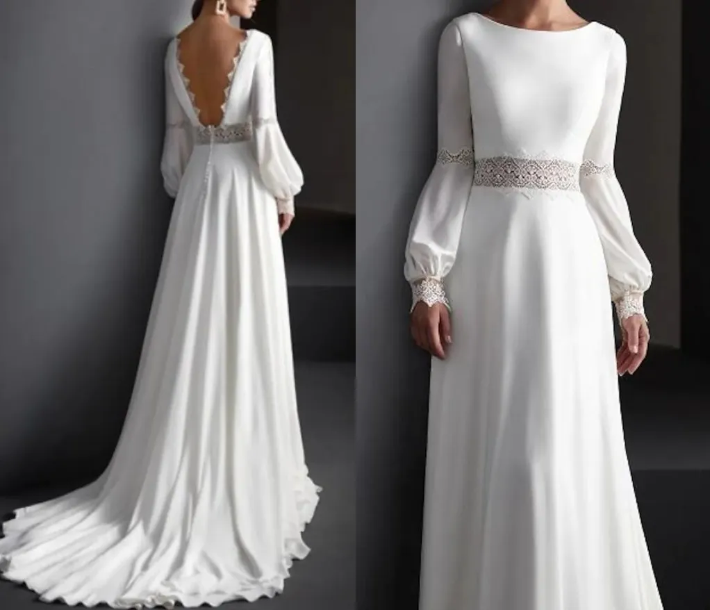 A-ligne Robe De Mariée 2023 Manches Longues Bouffantes Satin Mousseline De Soie Dos Nu Dentelle Appliques Robes De Mariée Printemps Robe De Mariage Nouveau