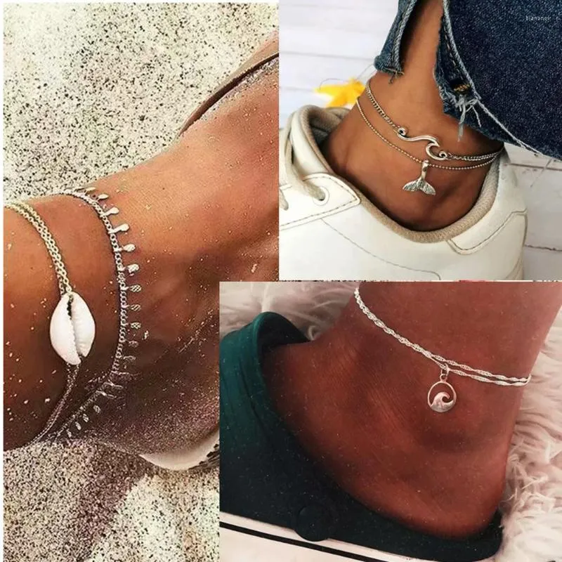 혼합 링크 체인의 껍질과 물고기 꼬리 /웨이브 펜던트 디자인이있는 2 개의 해변 팩 anklets 팩 여성 enkelband