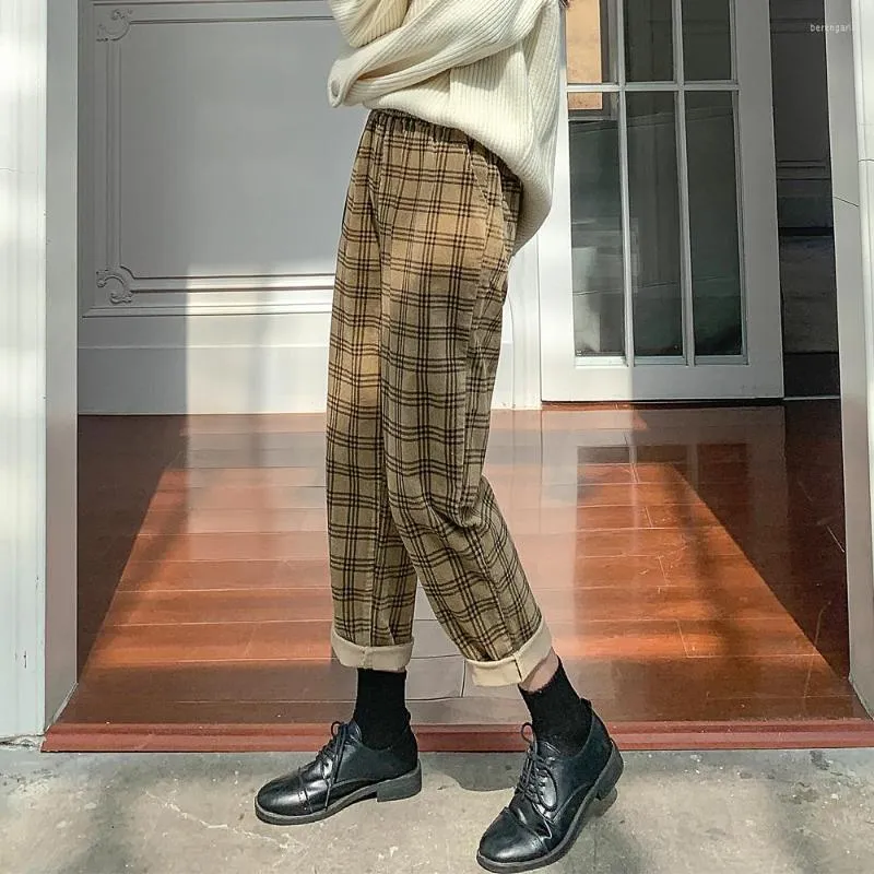 Damenhosen Vintage Plaid Corduroy Frauen Herbst Winter Warm Lose Gerade Harem Hohe Taille Verdickte Geerntete Hose Weiblich