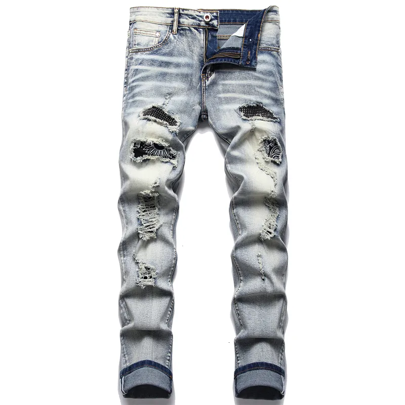 Jeans da uomo Jeans blu retrò da uomo Strappati Pantaloni slim elasticizzati alla moda Pantaloni maschili versatili di alta qualità Barba di gatto stampata alla moda 230302