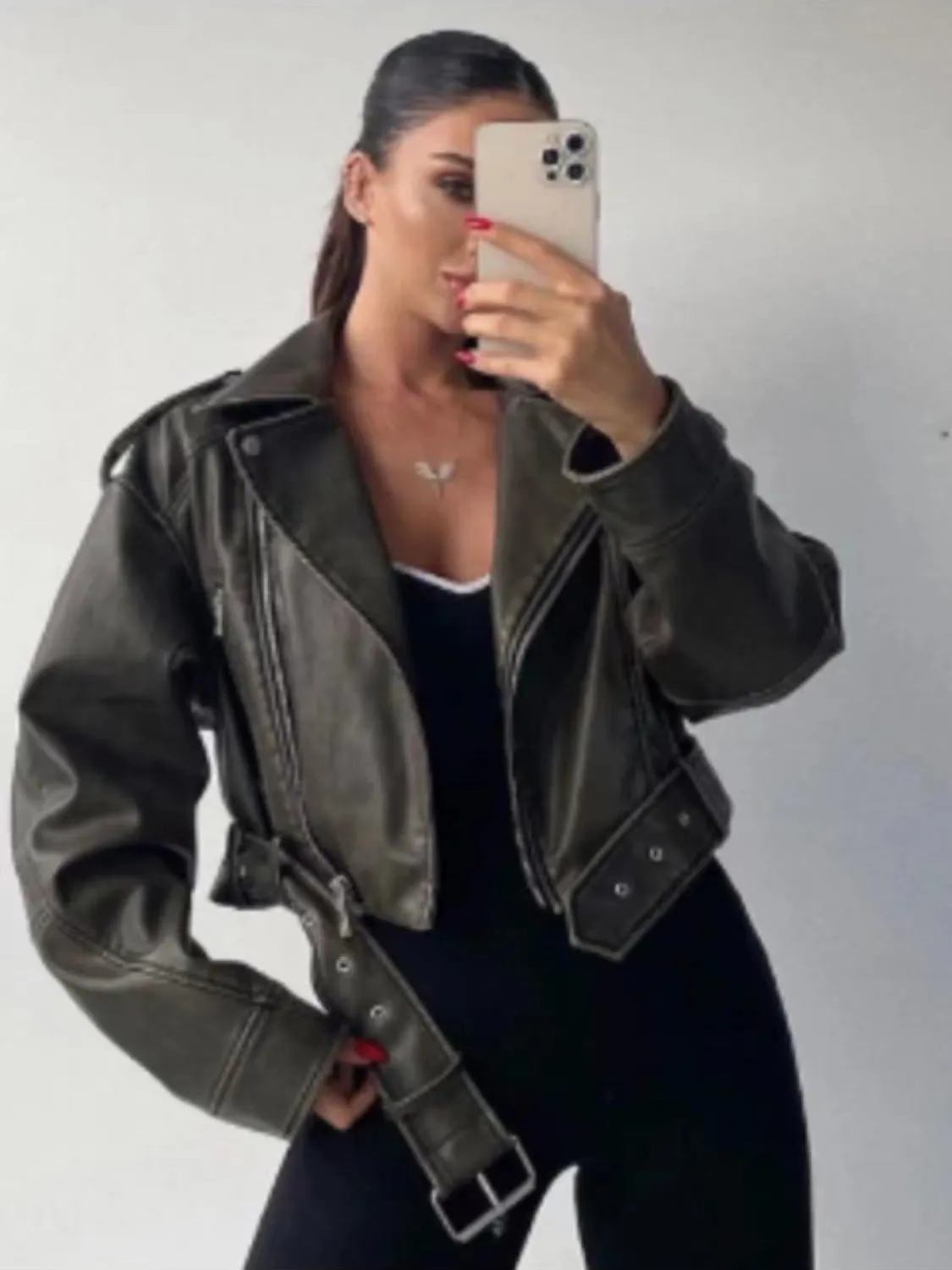 Women's Jackets RARF vintage wash to do old short lapel long sleeve loose pu imitation leather jacket coat 230302