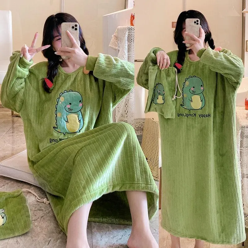 Women's Sleepwear Winter Thick Warm Flannel Long Sleeve Nightgown For Women Coral Velvet Cartoon Night Dress Nightdress Nighty F182