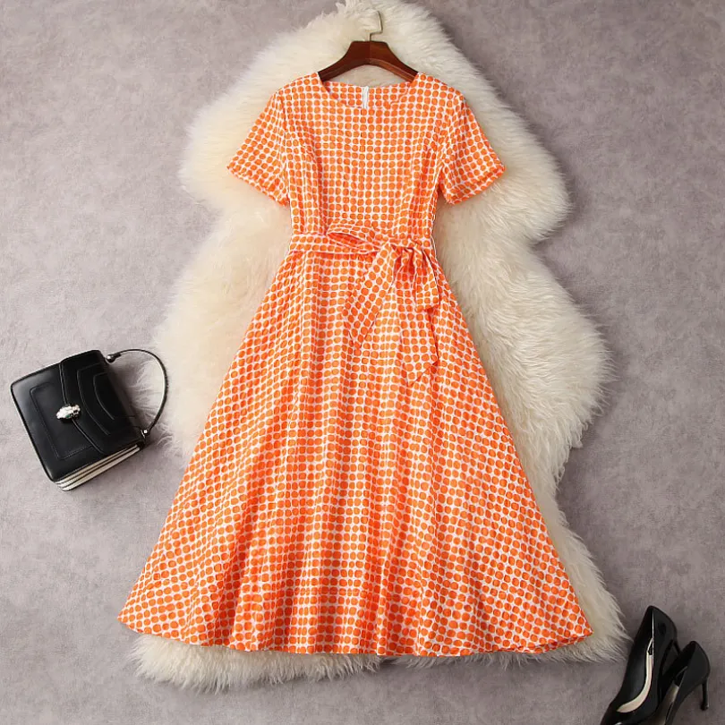 Spring Summer Short Sleeve Round Neck Dress Orange Retro Polka Dot Belted Mid-Calf Elegant Casual Dresses 22M043003