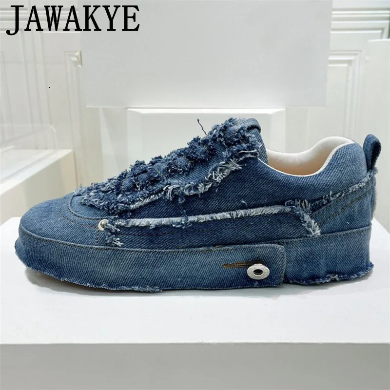 Blue Denim Canvas Lace Up Platform Sneakers for Women Casual Flats Spring 2024 Wedge Shoes