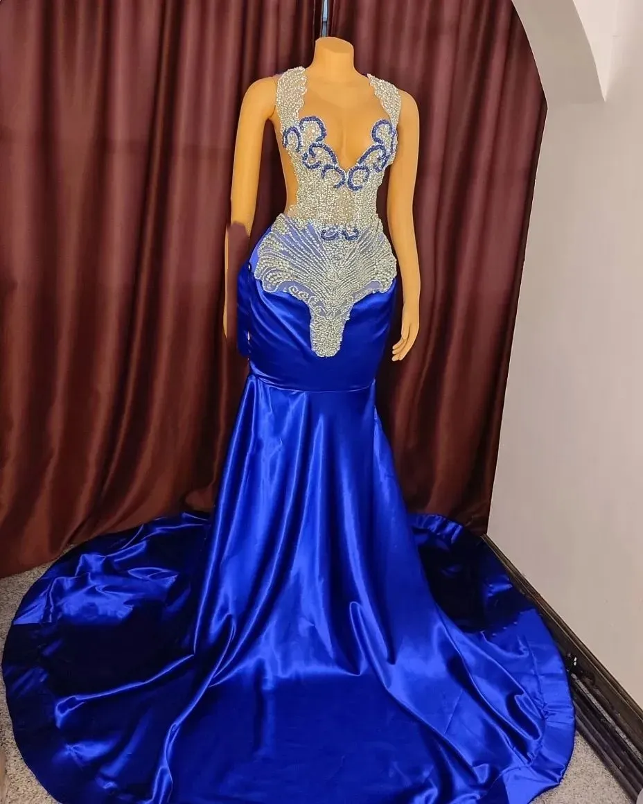 2023 고급 아랍어 ASO ASO EBI Mermaid Prom Dresses Royal Blue Beaded Crystals 섹시한 저녁 형식 파티 두 번째 리셉션 생일 가운