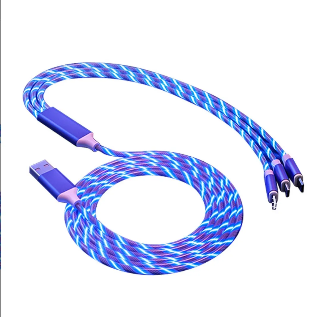 3 In 1 USB -laderkabel voor mobiele telefoon Micro USB Type C Laadkabel 1,2 m smartphone opladen met LED -streamer gloed stromend snoer PP -pakket