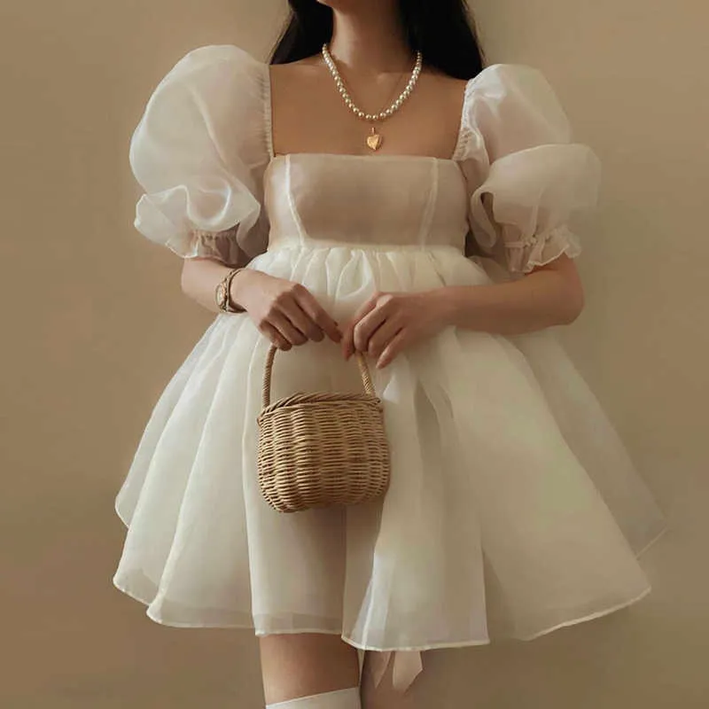 Sukienki swobodne Wysokiej jakości kobiety eleganckie białe sukienki księżniczki kwadratowy szyję rękaw z organza sukienka letnia mini mini impreza krótka vestido Z0216