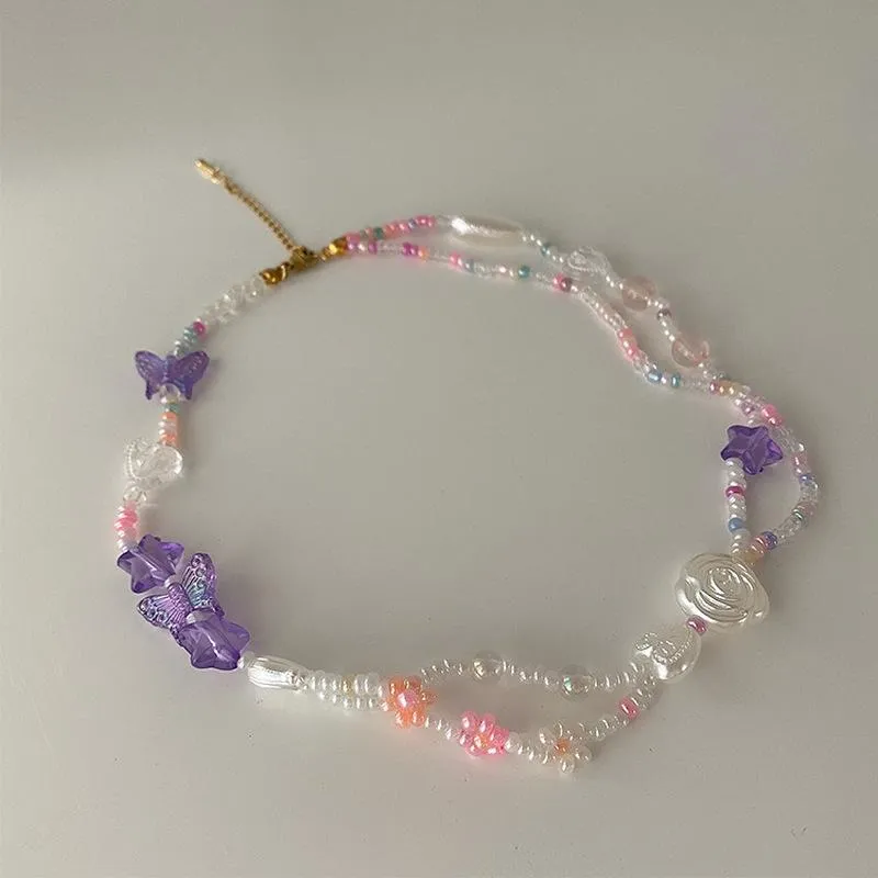 Choker Chokers Allme Temperament不規則な本物の真珠女性のための女性の花柄のネックレス紫色の蝶の魅力