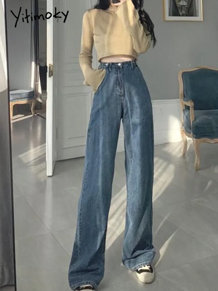 Women's Jeans Cotvotee Light Blue Jeans Woman Washed Retro High Waist Straight Long Loose Wide Leg Jeans Women Trousers Streetwear Pants 230303