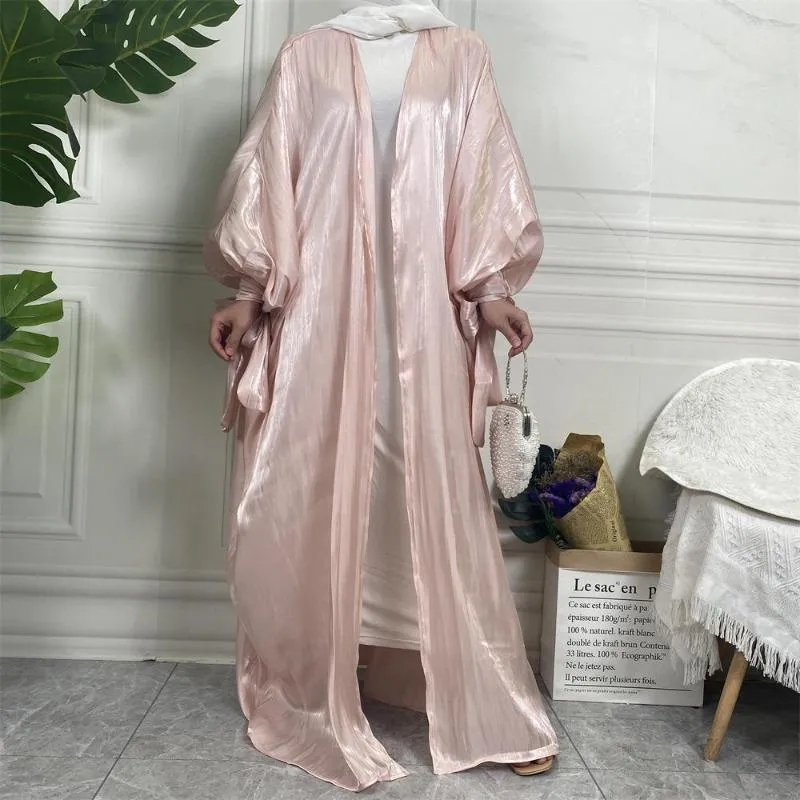 Vêtements ethniques mode islamique arabe brillant soie dentelle manches Cardigan robe femmes robe musulmane Abaya Kimono Femme Musulman