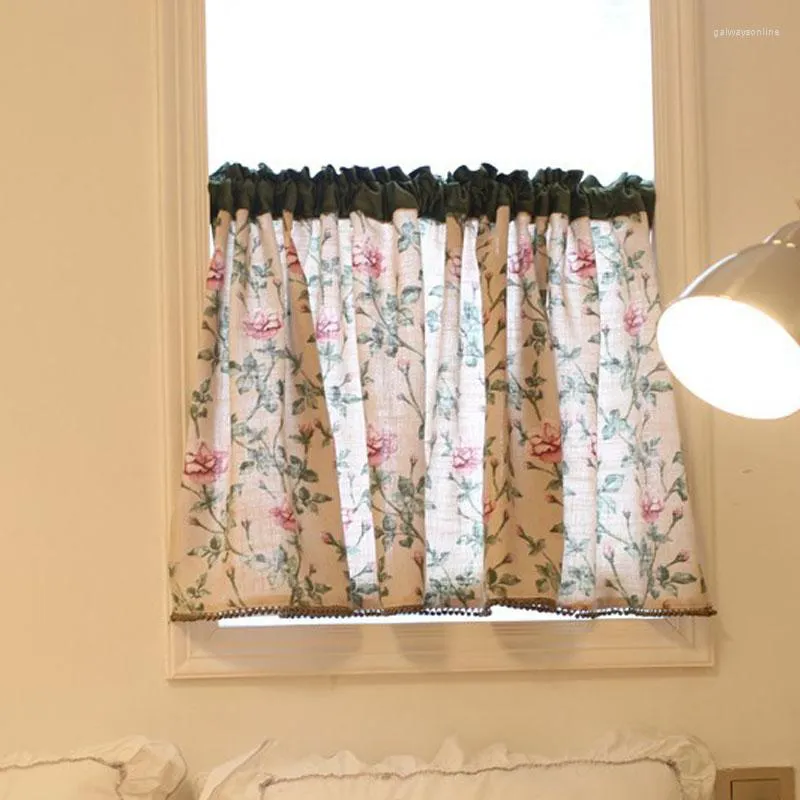 Curtain European Style Short Curtains Rose Flower Cotton Beads Hem Half Tulle Wine Cabinet Door Kitchen Window Small