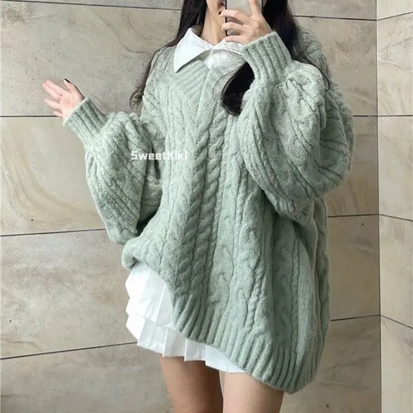 Korean Style Oversized Grey Sweater For Women Retro Solid Color V Neck Knitted Pullover Womens From Kong01 48.2 DHgate.Com