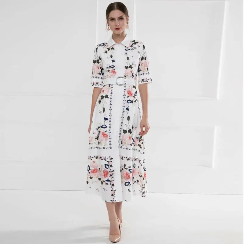 Casual Dresses High Qualit Elegant Holiday Dress 2023 Summer Ankomsten Turn-Down Collar Bohemian Half Sleeve A-Line Mid-Calf Dresscasual