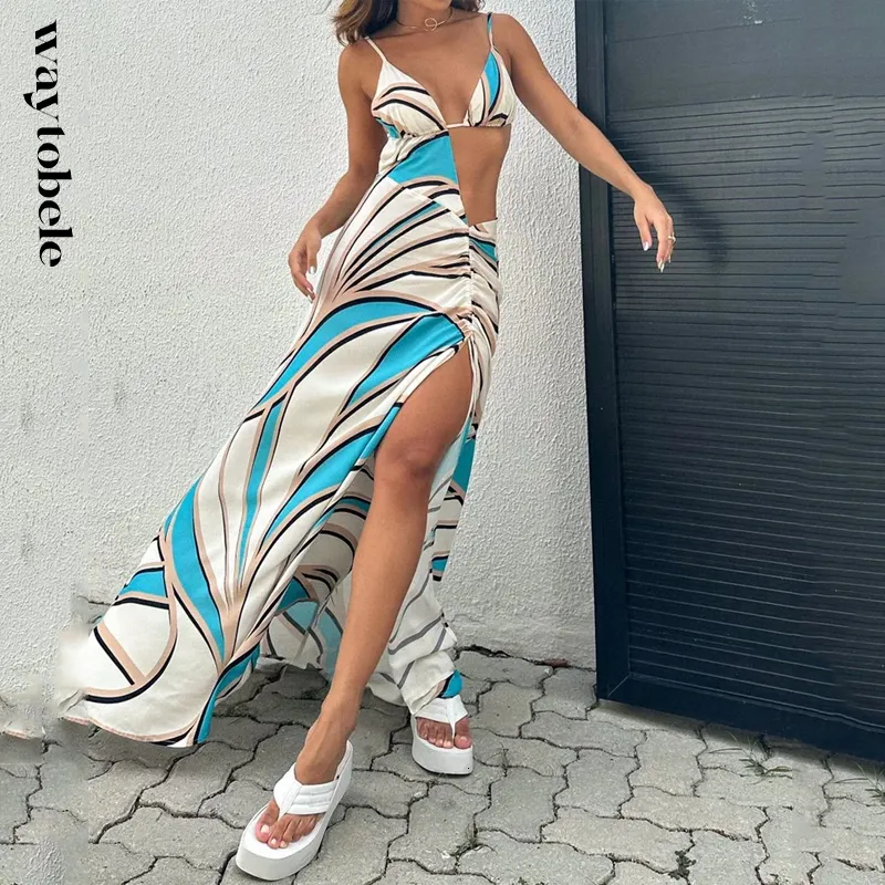 Casual Dresses Waytobele Women Maxi Dress Summer Sleeveless Suspender V Neck Hallow Spets Up Backless Print Slit Holiday Beach 230303