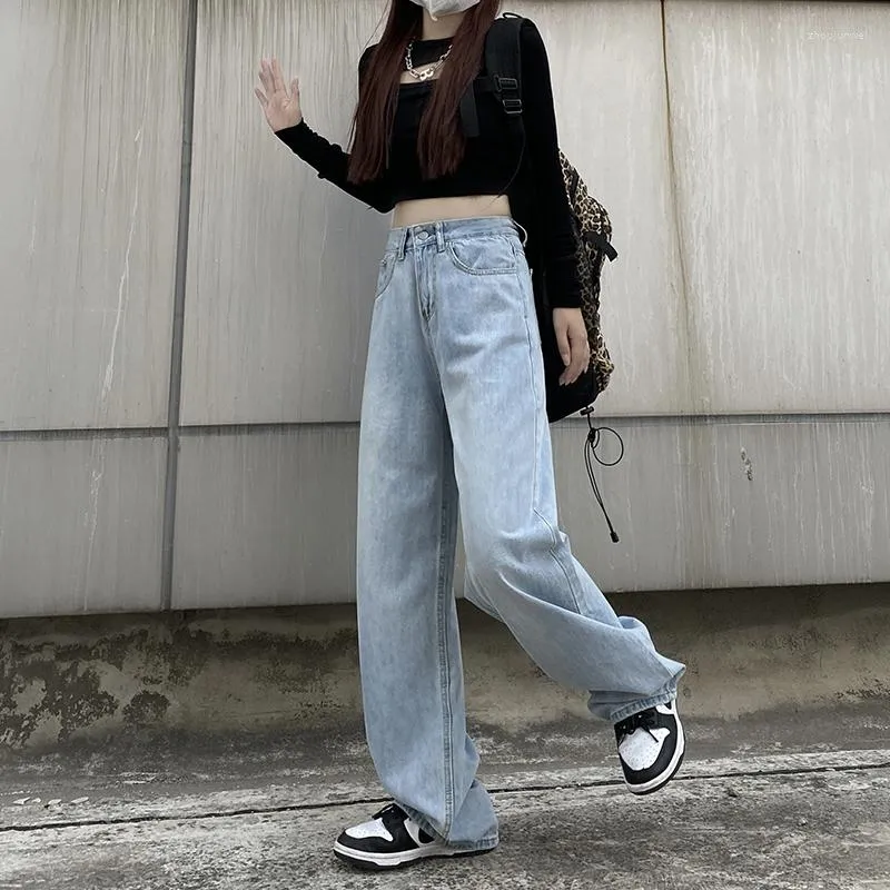 Damesjeans 2023 Autumn Women High Taille Vintage Basic Classic Casual Straight Baggy Denim Trouser Mom Fashion Wide Leg Pants