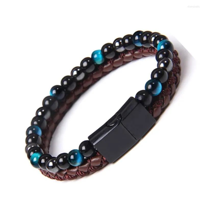 Bracelet en cuir perlé pour hommes avec pierre oeil de tigre en acier inoxydable fermoir magnétique hématite Bracelet de fête en coton multicolore