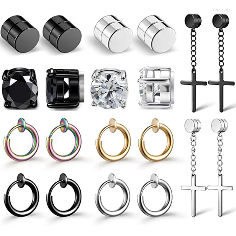 Backs Earrings 10 Pairs Magnetic Stud Stainless Steel Non-Perforated Cross Pendant Ring Unisex Clip Black CZ Earring Set