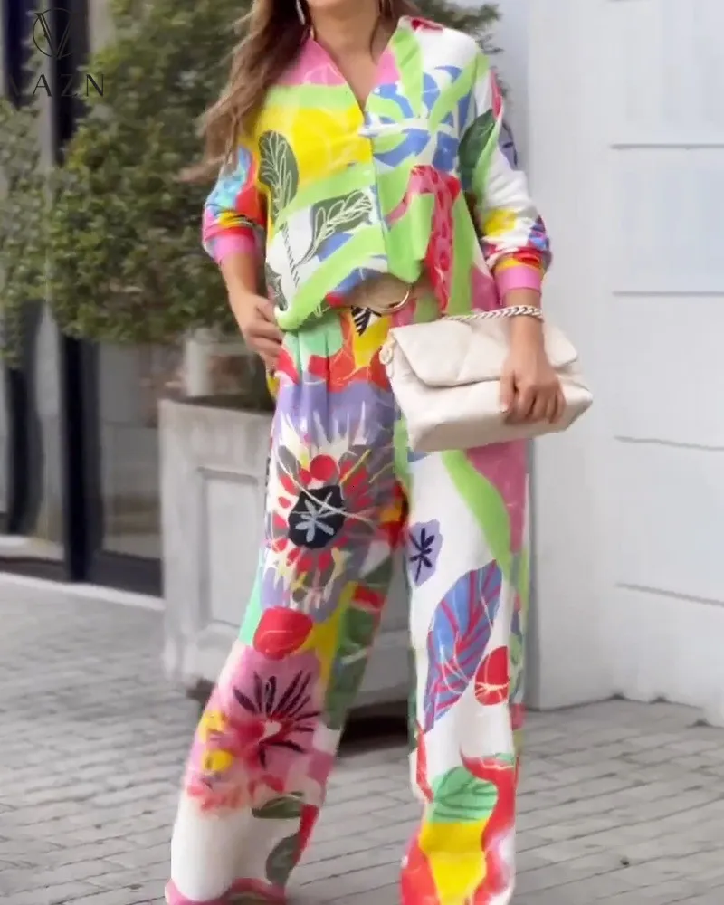Chic Chiffon Pant Set - Womens Vintage Print Shirt & Wide