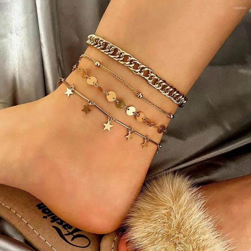 Anklets flatfoosie 4st/set Boho Golden Stars Armband för kvinnor Simple Metal Link Chain Anklet Beach Sandals Leg Foot Jewelry