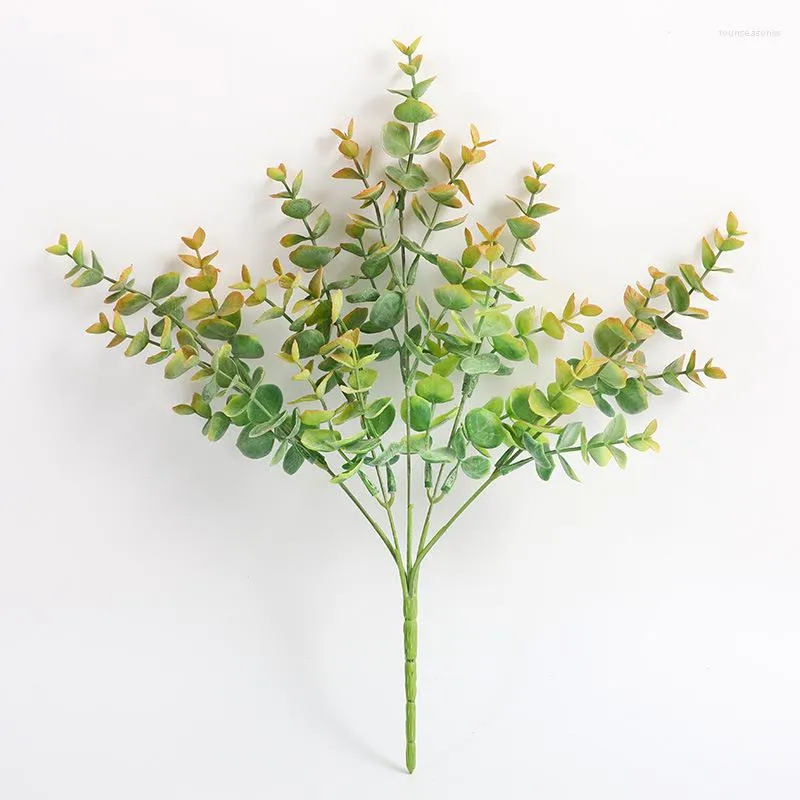 Fiori decorativi 35cm 5Fork Foglie di eucalipto artificiale Piccole piante finte Ramo di un albero tropicale Foglie di plastica verde per giardino domestico