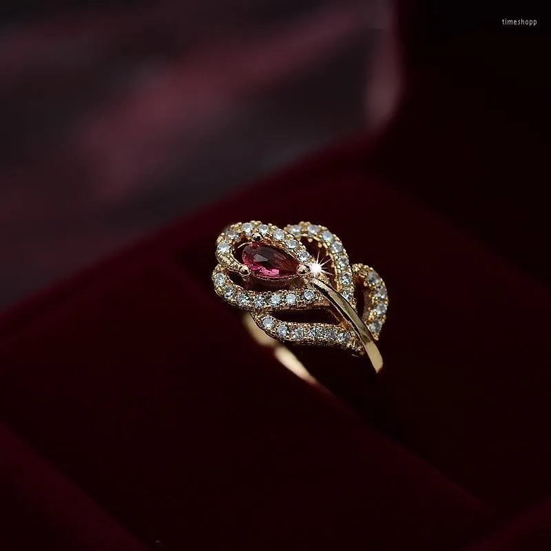 Wedding Rings Fashion Jewelry Red Gem Heart Leave Rose Gold Ring Zircon Crystal For Women Delicate Flowers