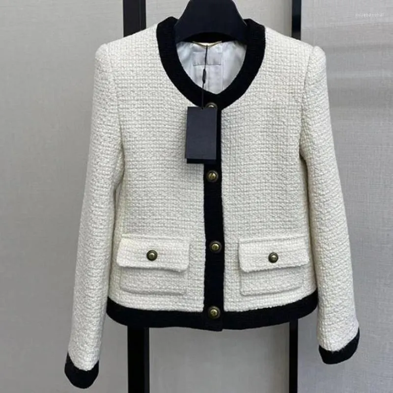 Women's Jackets Frensh Style Small Fragrance White Tweed Woolen Jacket Women O-neck Single Breasted Short Outwear Spring Autumn