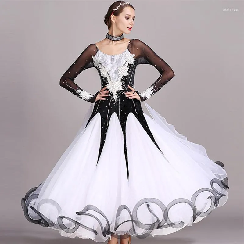 Stage Wear Black Rhinestones Ballroom Dance Competition Jurk Standaard jurken Moderne kostuum Waltz Lumineuze kostuums