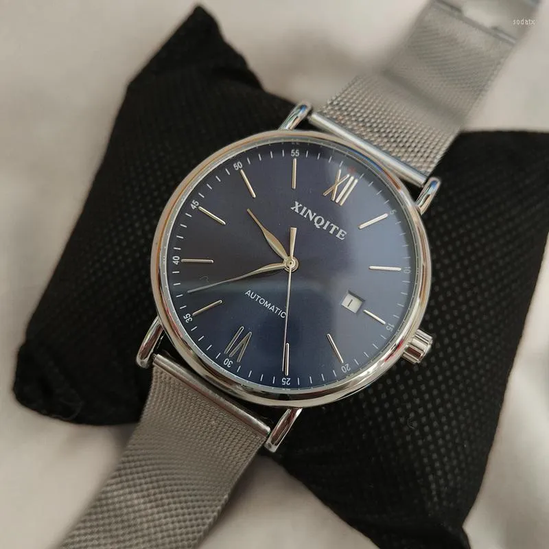 Armbandsur av hög kvalitet automatiska mekaniska män titta på rostfritt stål rem pojkar blå enkel casual stil armbandsur