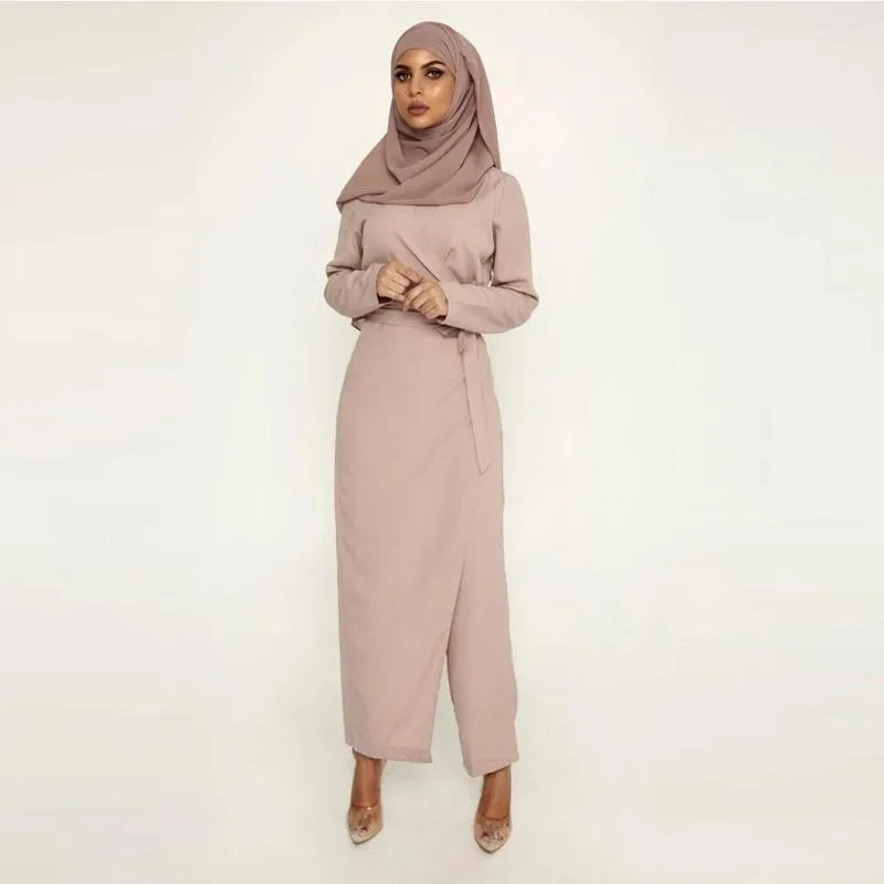 Etniska kläder bushra mantel satin casual abaya dubai muslimsk mode jumpsuit islam afrikanska klänningar kvinnor musulman de mode breda benbyxor