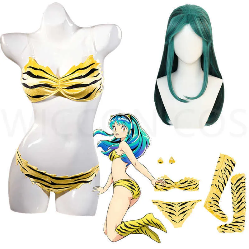 Anime Costumes Anime Urusei Yatsura Lum Invader Cosplay Come Wig Tigerstriped Bikini Swimsuit Yellow Swimwear Kobiety Ataru Moroboshi Z0301