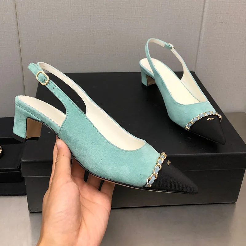 Pelle di pecora Sandali da donna Tacchi grossi Scarpe eleganti Scarpe a punta Slingback Ciabatte slip-on con catena Ciabatte firmate da donna Ciabatte classiche trapuntate di grandi dimensioni