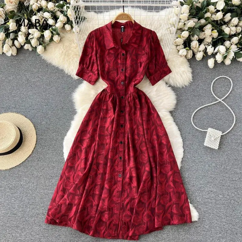 Casual jurken vintage vrouwen rode korte mouwen maxi jurk 2023 zomer polo kraag bloemenprint formeel feest midi temperament gewaden