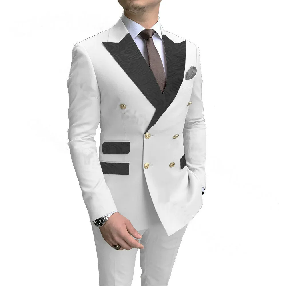 Mäns kostymer blazers mode svart blomma lapel vita män bröllop prom klänning kostymer dubbla bröst män kostymer brudgum part tuxedo 2 bitar set 230303