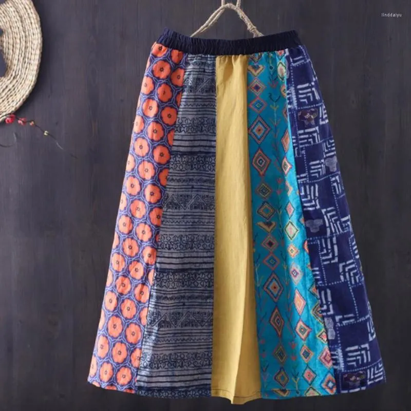 Spódnice 2023 Summer vintage bawełniany lniany druk spódnica kobiety elastyczne tali