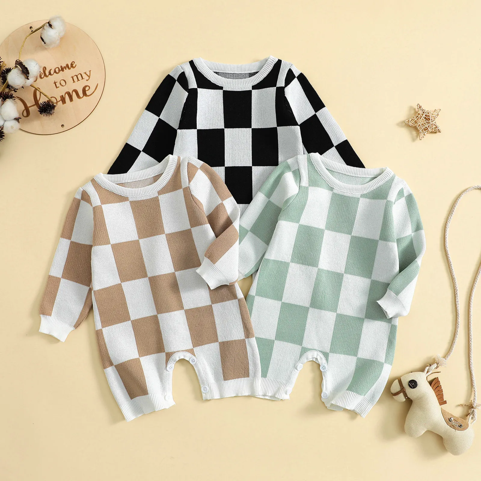 Jumpsuits Spring Baby Clothes Girls Boys Romper Autumn Long Sleeve Baby Girl Knit Checkerboard Rompers Baby Jumpsuit Baby Clothes 230303