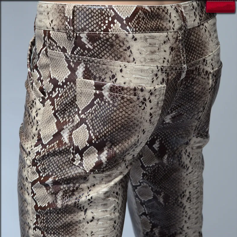 Men's Pants Fashion Men Slim Faux Python Snake Print Leather Personality PU Trousers Chandal Male High Quality 230303