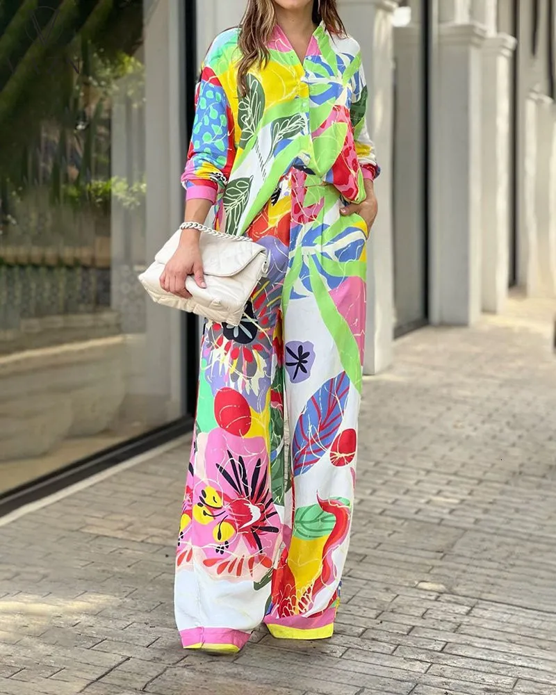 Women s Floral Print Chiffon Two Piece Pants Set High Waist Wide Leg Long Sleeve V Neck Shirt for Spring Summer 2024 Casual Outfit